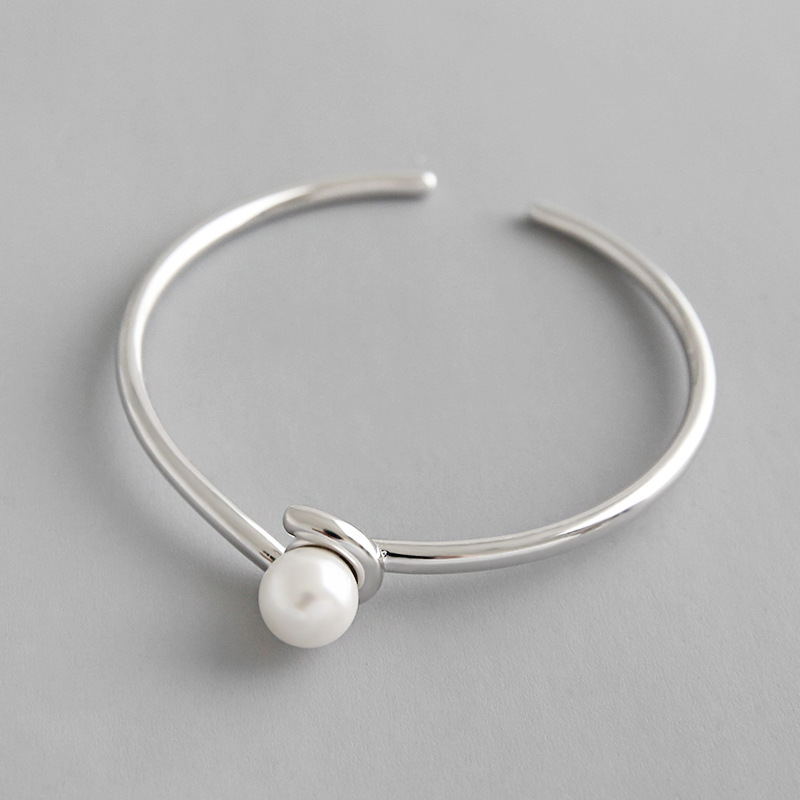 Open Bangle Bracelet with Shell Pearls and Silver