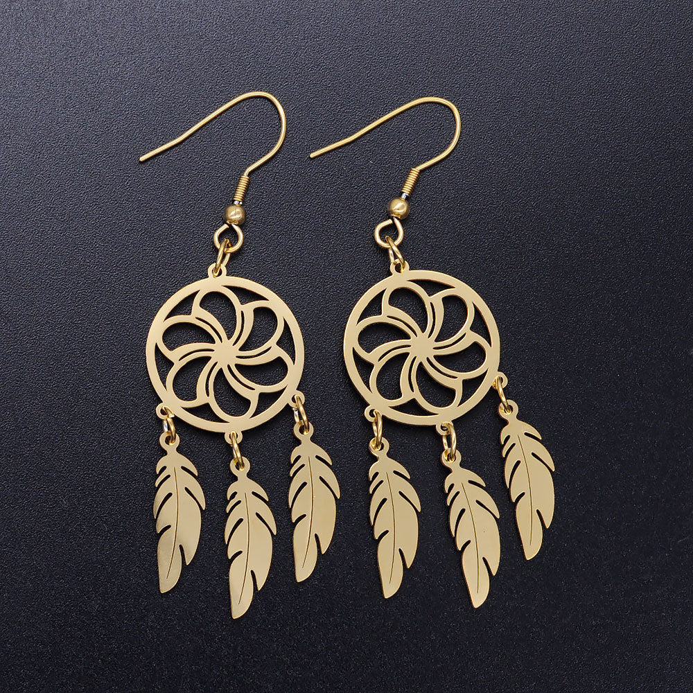 Titanium Steel Dreamcatcher Earrings with Lotus Pendant