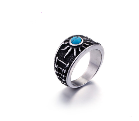 Vintage Pattern Blue Turquoise Men's Titanium Ring