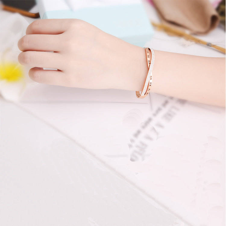 Rose Gold Roman Numeral Cross Titanium Bracelet for Women