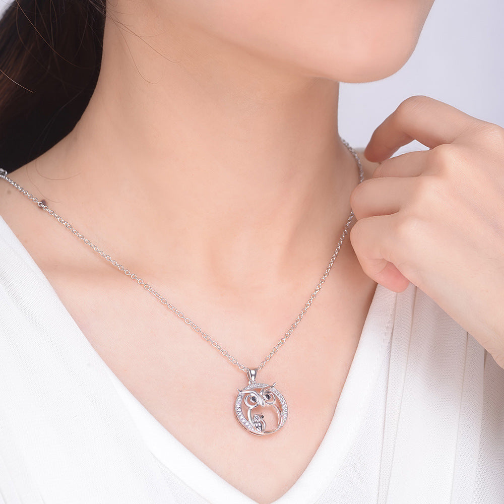 Platinum Plated Owl Necklace with Diamond Pendant