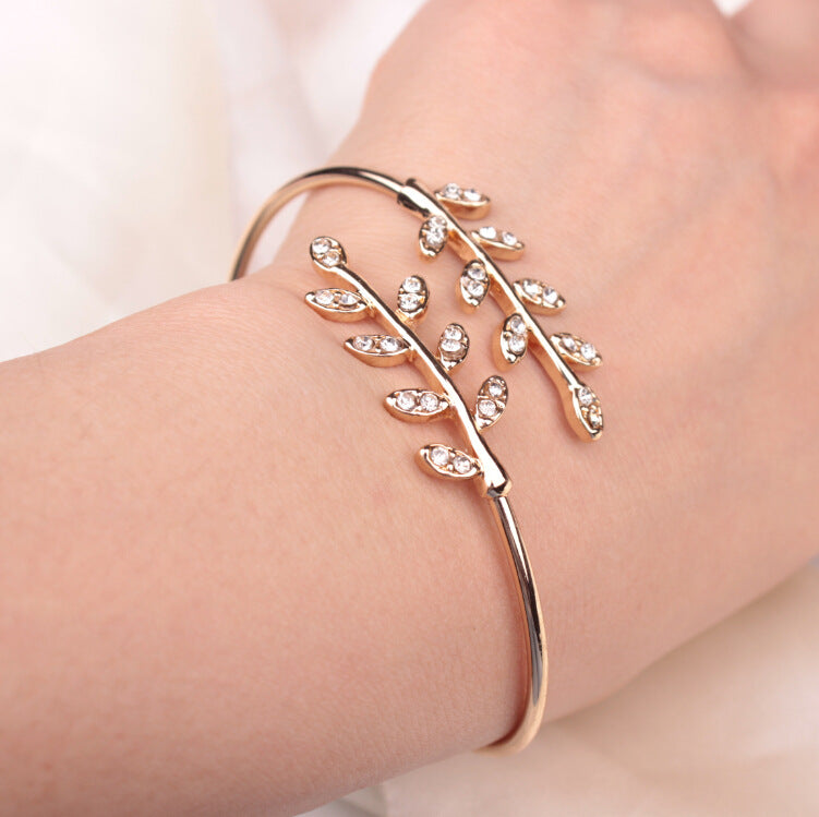 Adjustable Leaf Bangle with Rhinestones Bracelet
