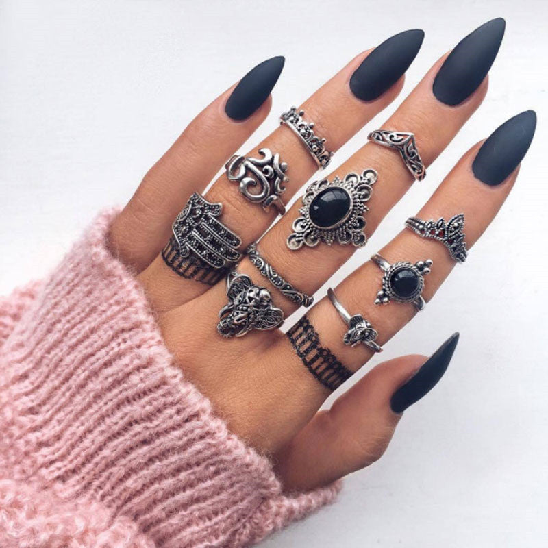 Bohemian Vintage Ring Set with Metal and Crystals