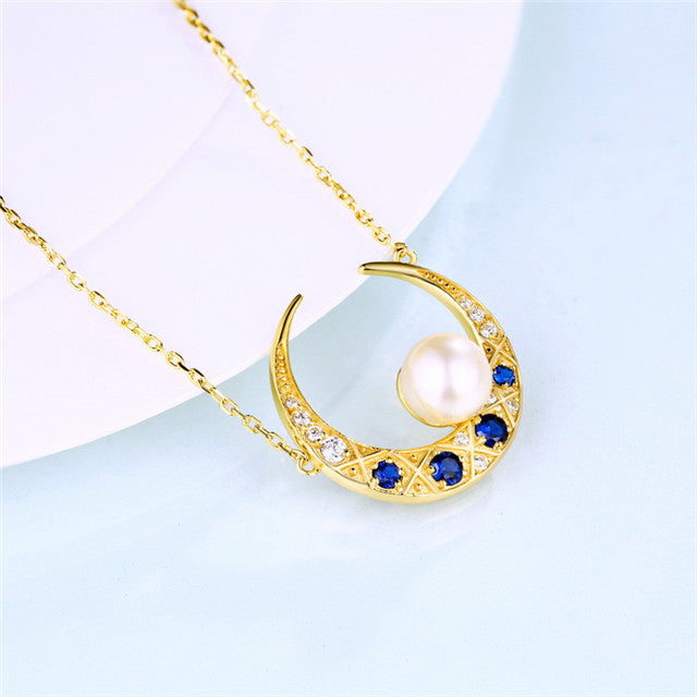 Natural Freshwater Pearl Necklace with Blue Zircon Pendant