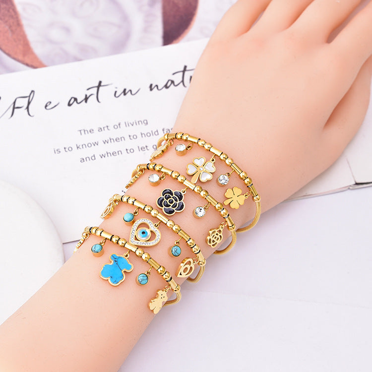 Colorful Geometric Snake Bone Bracelet with Bear & Charms