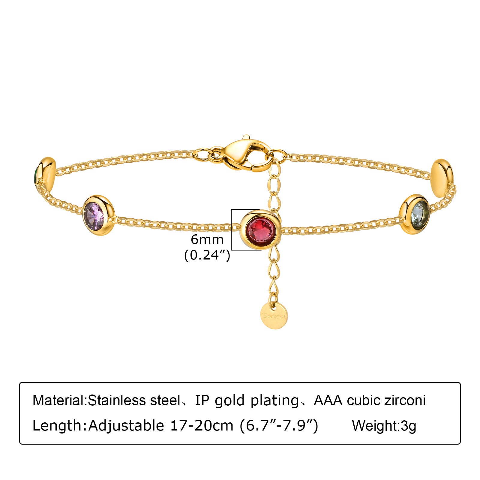 Colorful Zircon Geometric Gold Stainless Steel Bracelet