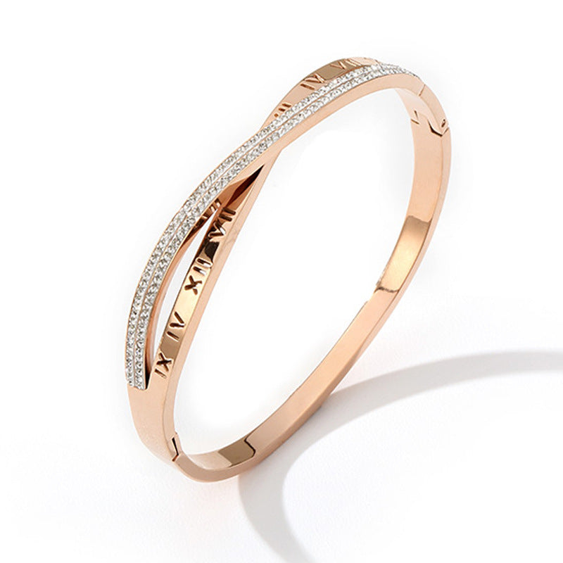 Rose Gold Roman Numeral Cross Titanium Bracelet for Women