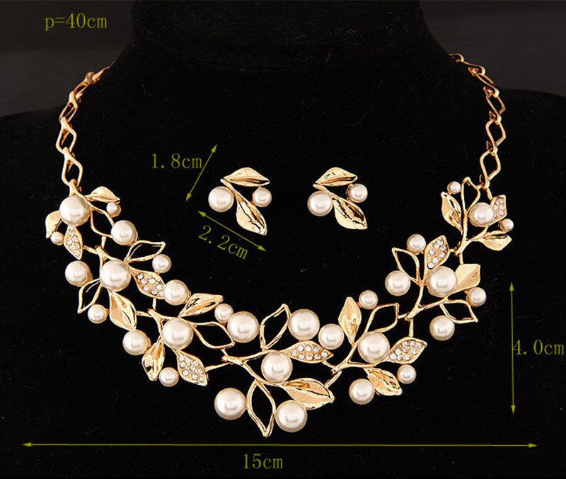Fashion Metal Pearl Leaf Necklace & Earring Set