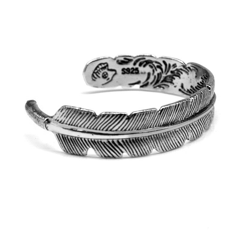 Vintage Silver Open Bangle with Feather Design
