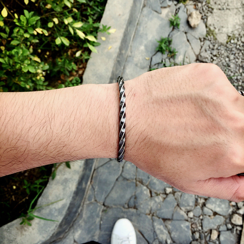 Vintage Twisted Pattern Silver Open Bangle Bracelet