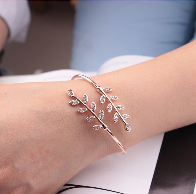 Adjustable Leaf Bangle with Rhinestones Bracelet