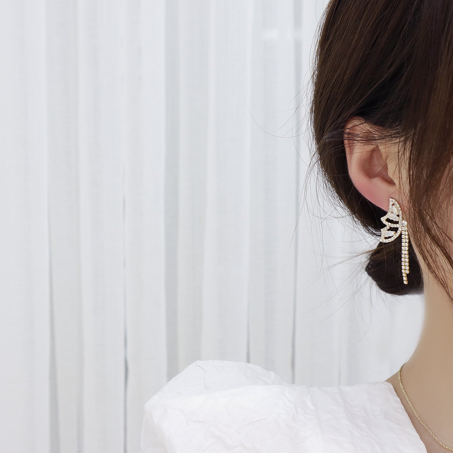 Korean S925 Silver Butterfly Tassel Zircon Earrings