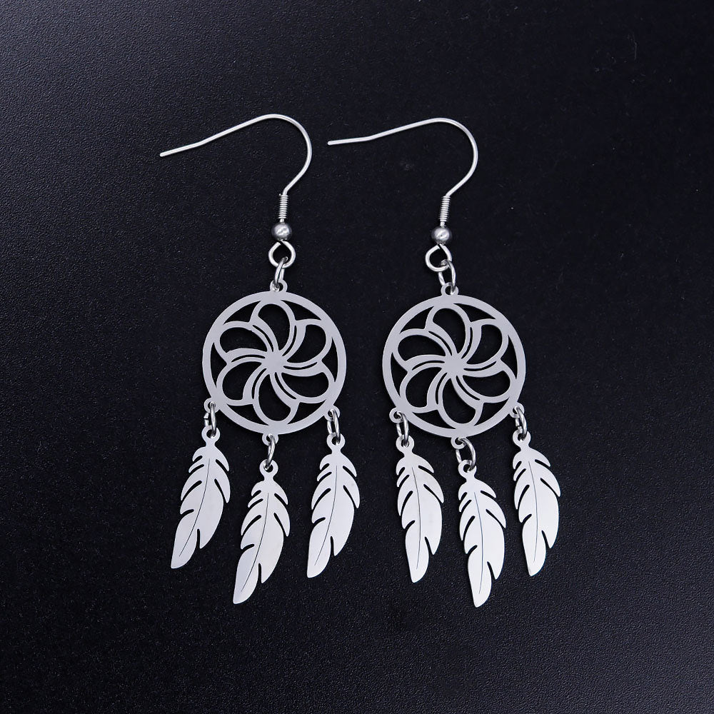 Titanium Steel Dreamcatcher Earrings with Lotus Pendant