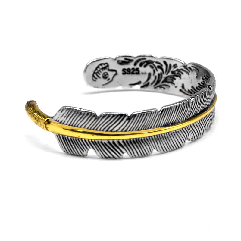 Vintage Silver Open Bangle with Feather Design