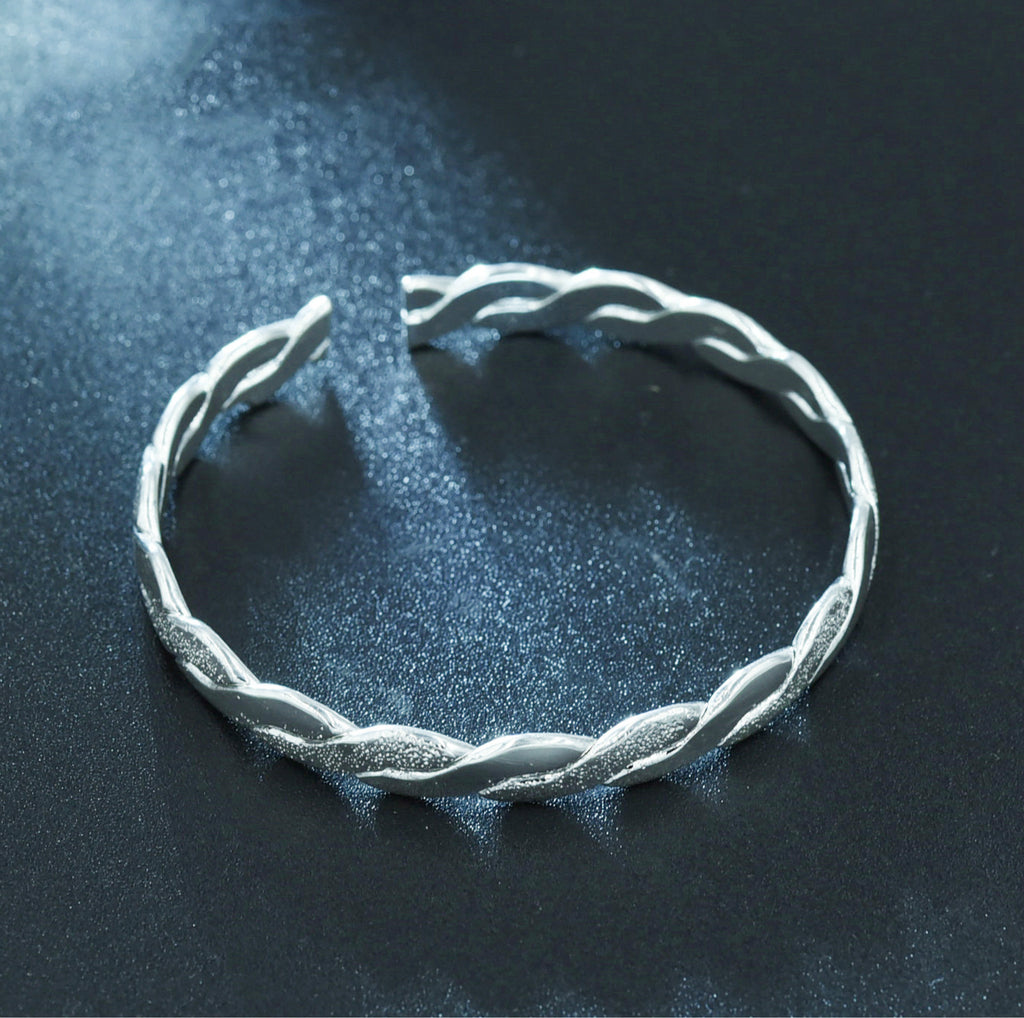 Woven Bracelet, Silver-Plated Open Cuff Bangle