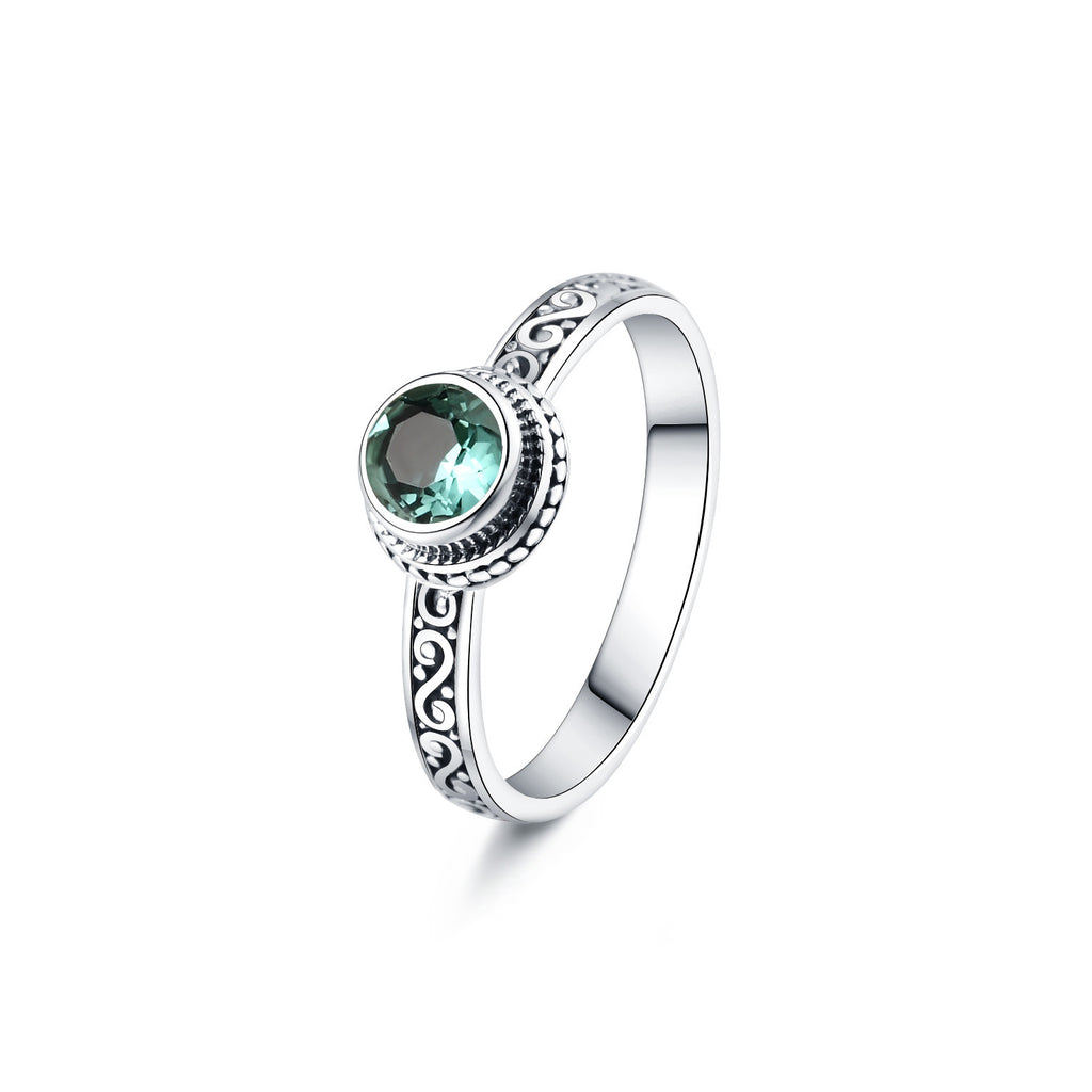S925 Silver Vintage Ring with Round Green Crystal