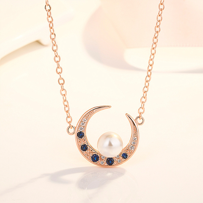 Natural Freshwater Pearl Necklace with Blue Zircon Pendant