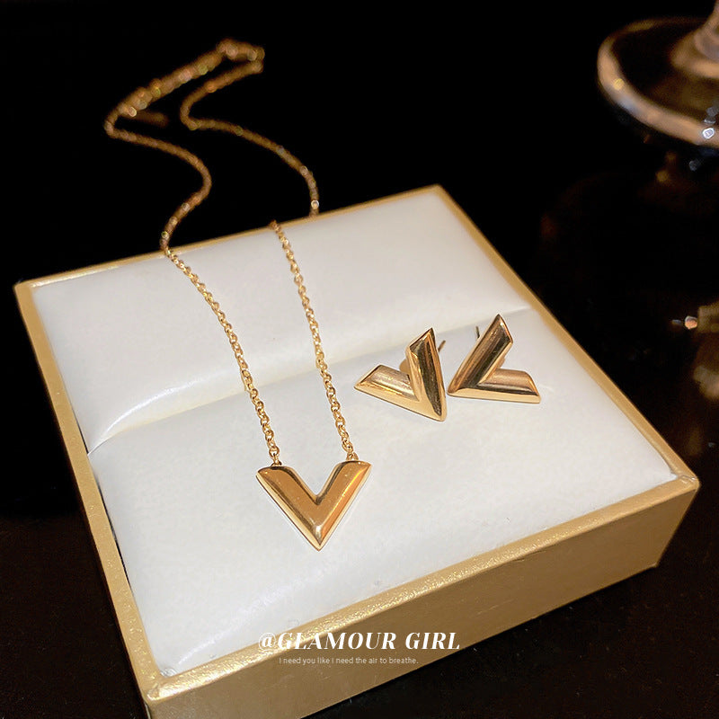 Gold Titanium Steel V-Shaped Earring and Necklace Set