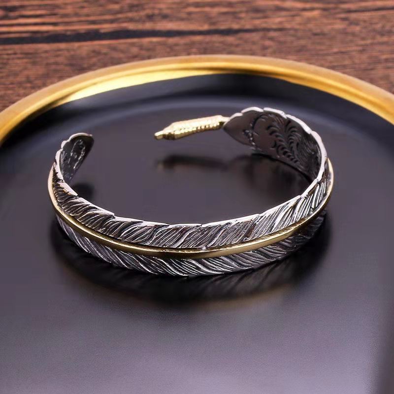 Vintage Silver Open Bangle with Feather Design
