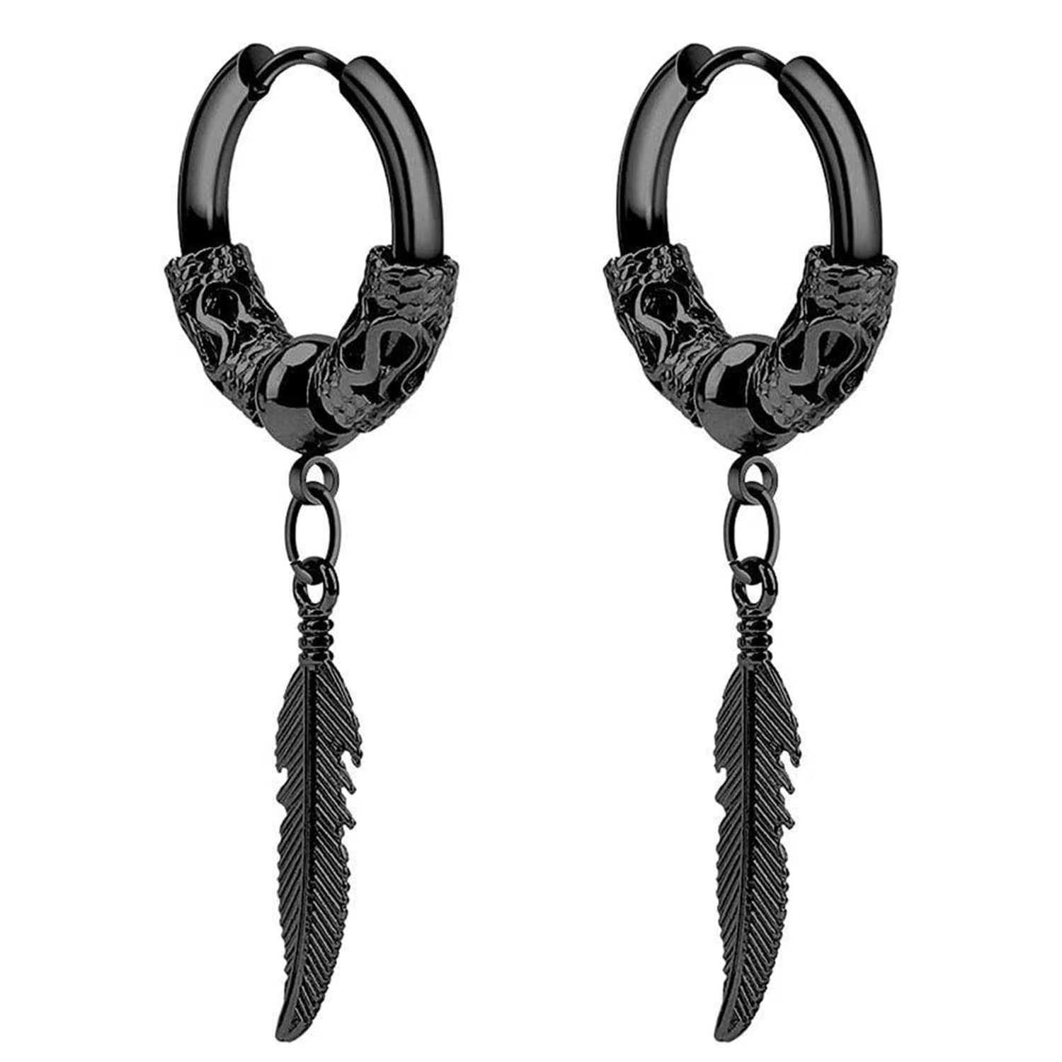 T-ztoss Stainless Steel Punk Drop Dangle Hinged Earrings Feather Gothic Mens Earring Black Huggie Hoop Earrings for Women (black feather)