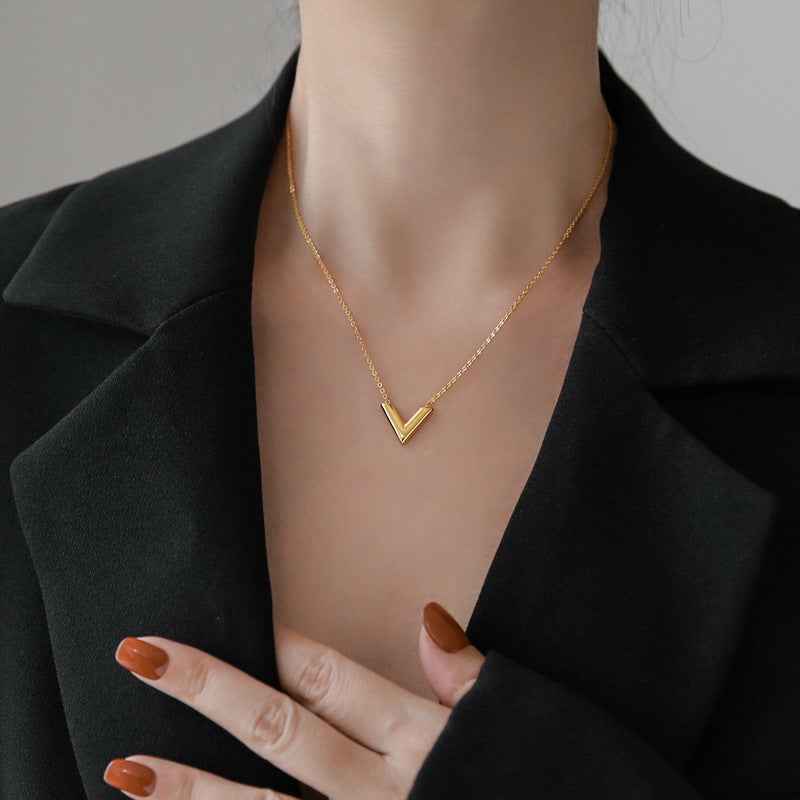 Gold Titanium Steel V-Shaped Earring and Necklace Set