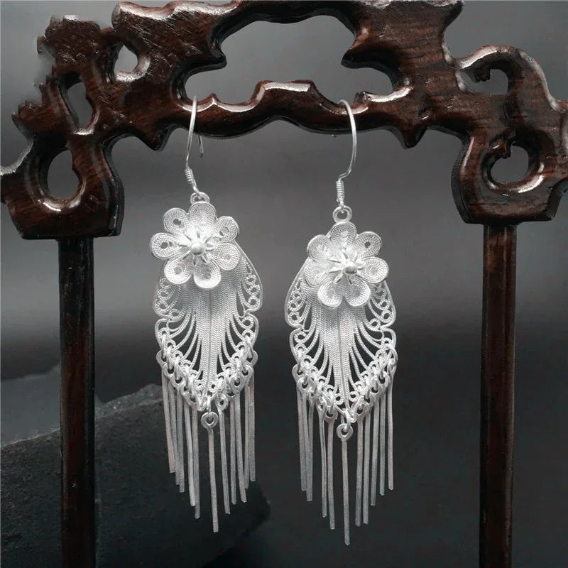 Handmade Miao Silver Flower Tassel Earrings 999 Fine Silver