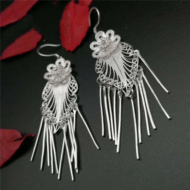 Handmade Miao Silver Flower Tassel Earrings 999 Fine Silver