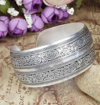 Ethnic Silver Bangle, Ancient Open-Style Bracelet