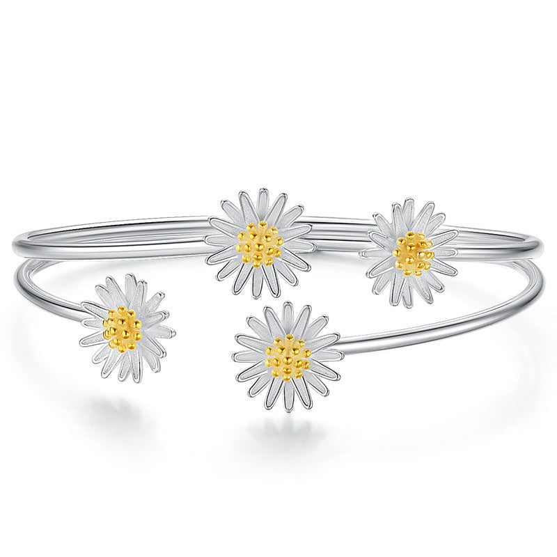Silver Daisy Open Bangle Bracelet in Minimalist Style