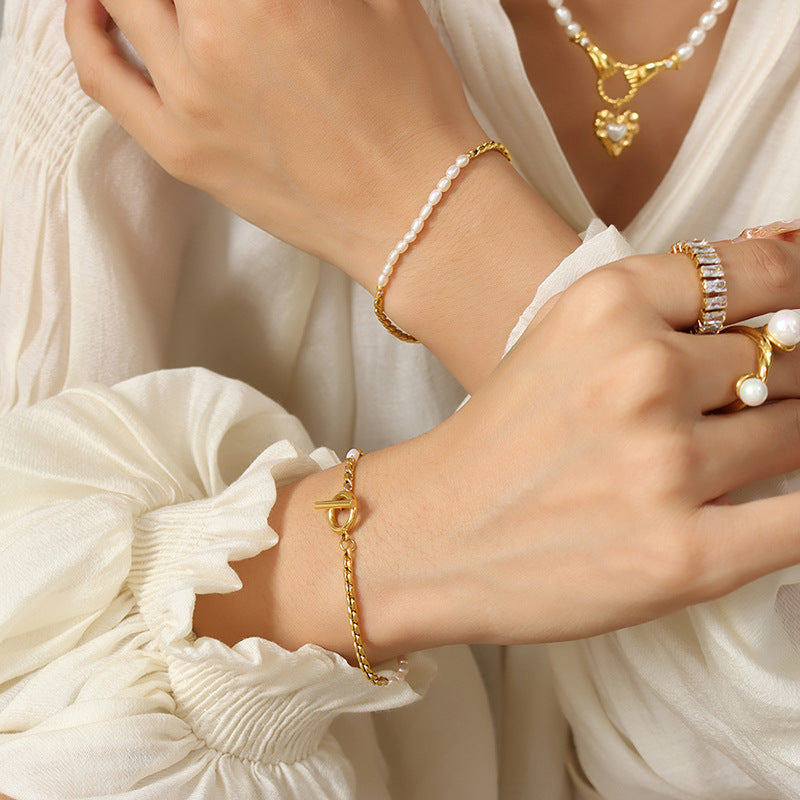 Fashion Commuter Freshwater Pearl Titanium Steel Bracelet