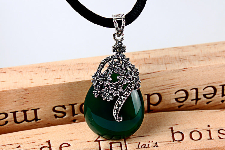 S925 Silver Pendant with Green Agate Heart Necklace