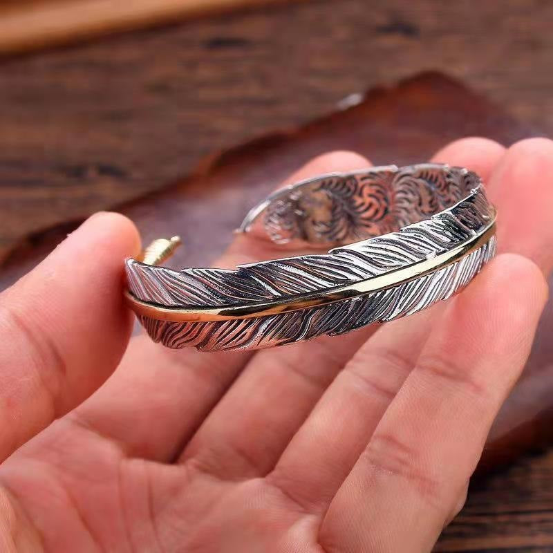 Vintage Silver Open Bangle with Feather Design