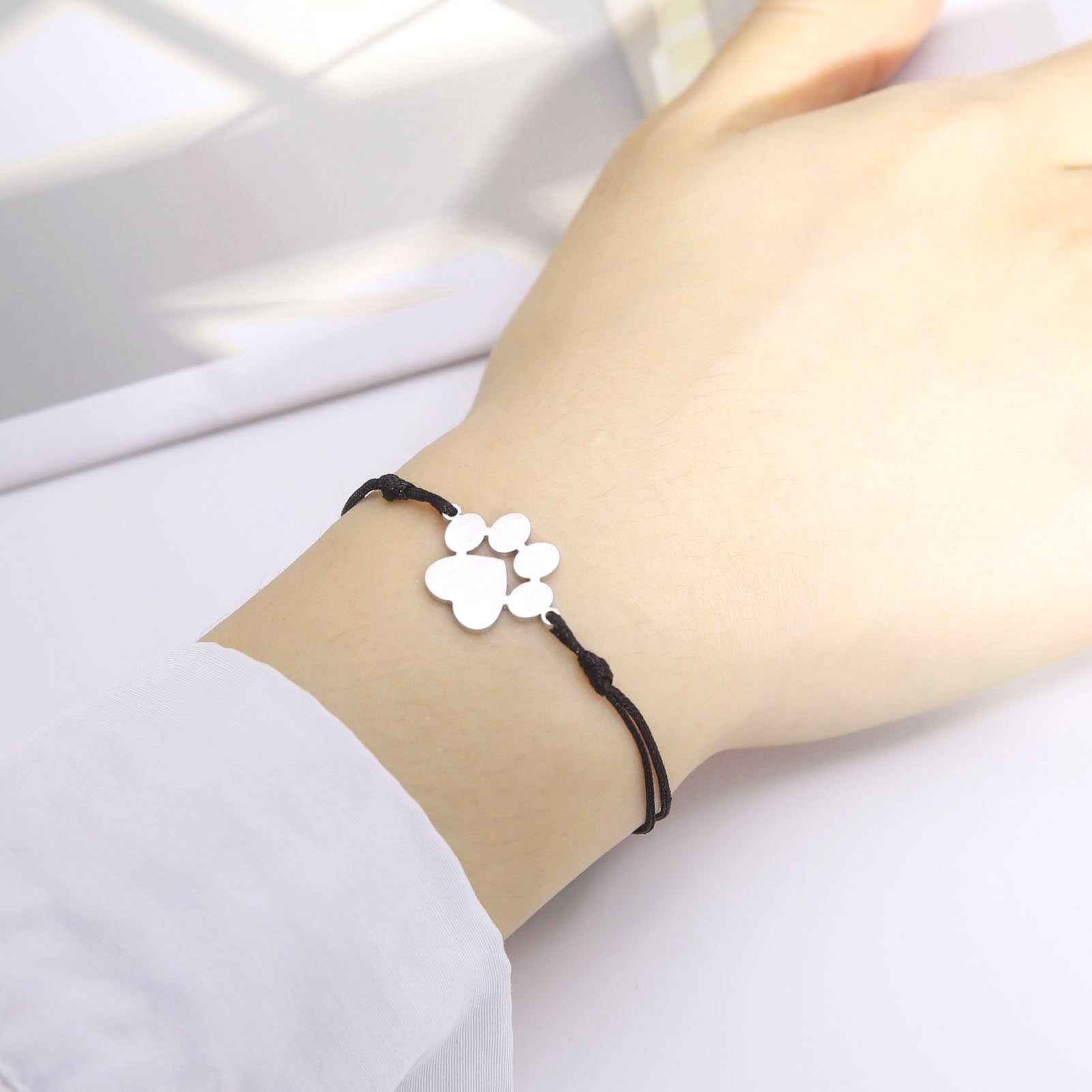 Titanium Steel Paw Print Pendant Adjustable Bracelet