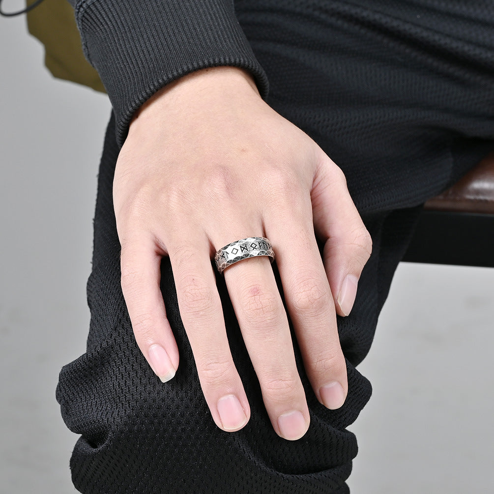 Vintage Viking Text Titanium Ring for Men
