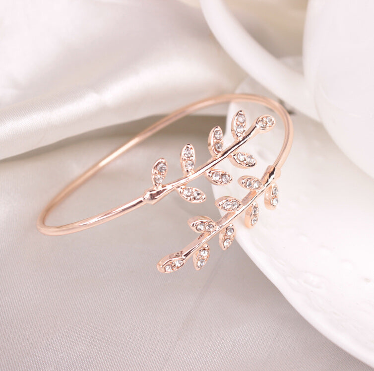 Adjustable Leaf Bangle with Rhinestones Bracelet