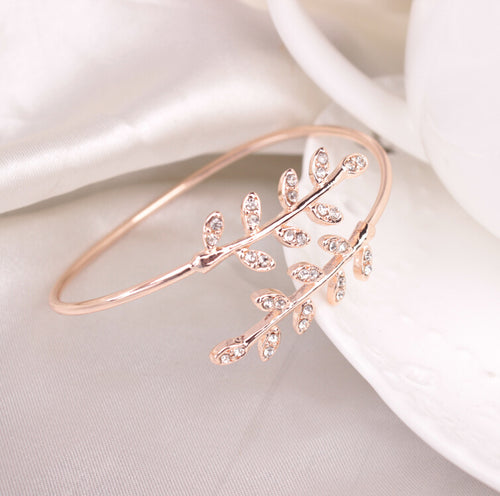 Adjustable Leaf Bangle with Rhinestones Bracelet