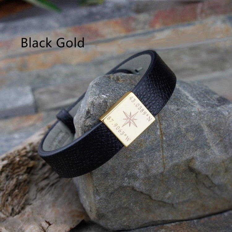 Men's Simple Black Cowhide and Stainless Steel Bracelet
