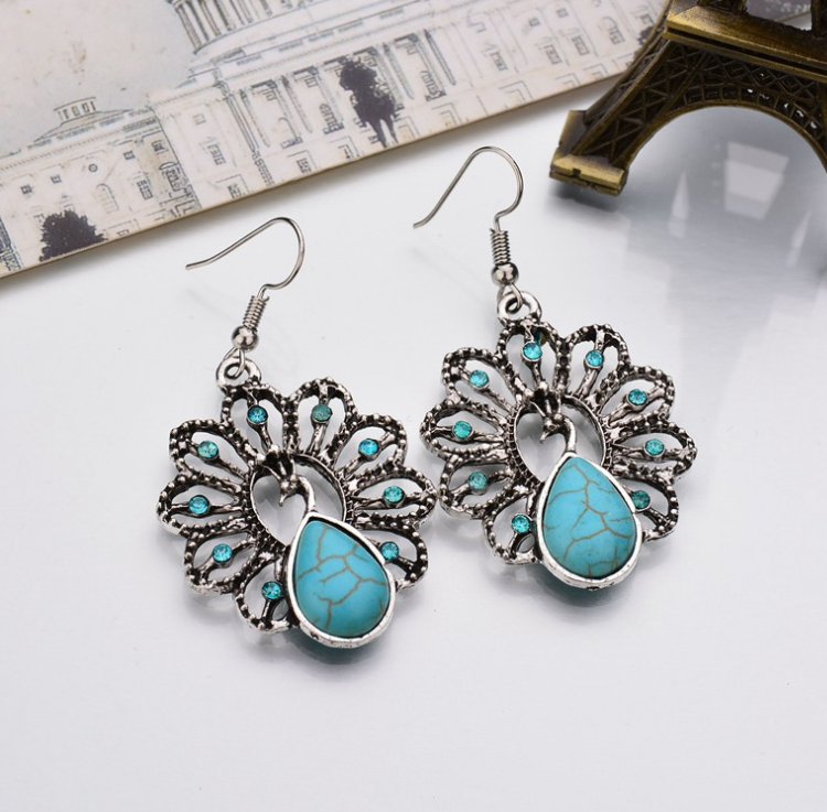 Peacock Earrings with Turquoise Drops