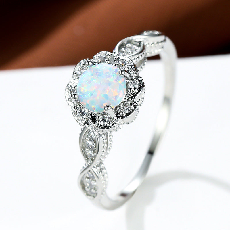 Platinum Round Opal Flower Ring