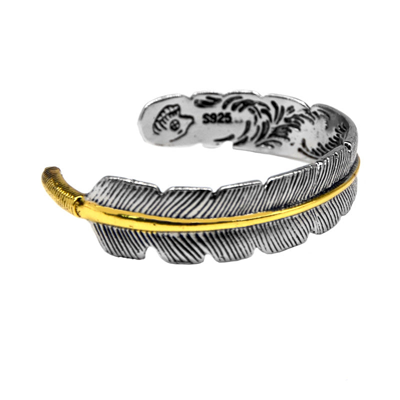 Vintage Silver Open Bangle with Feather Design