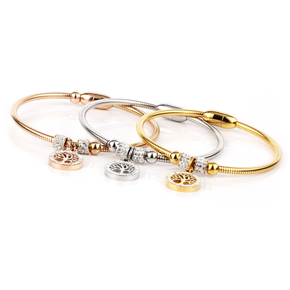 LifeTree Diamond-Studded Titanium Steel Bracelet for Women