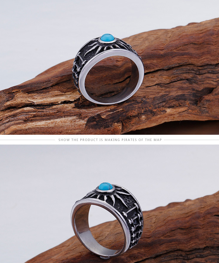 Vintage Pattern Blue Turquoise Men's Titanium Ring