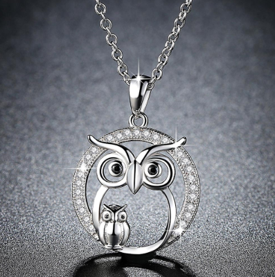 Platinum Plated Owl Necklace with Diamond Pendant