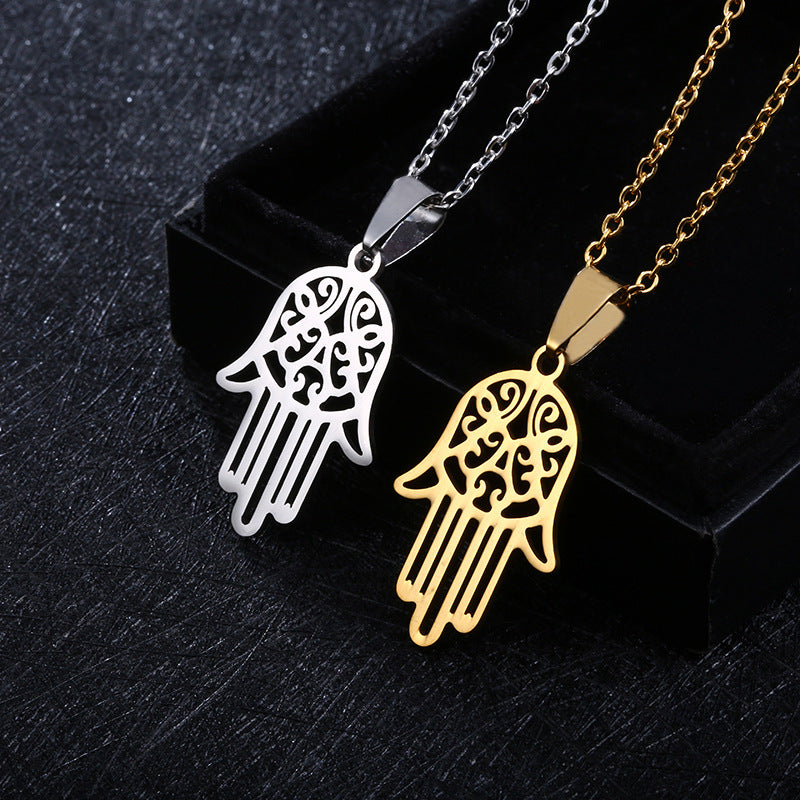 Stainless Steel Pendant Necklace with Hand Design