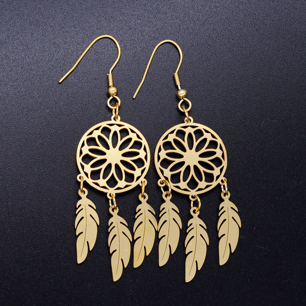Titanium Steel Dreamcatcher Earrings with Lotus Pendant