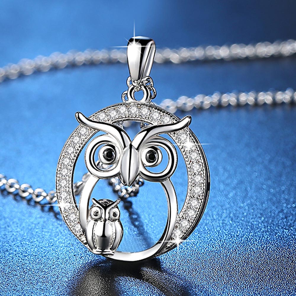 Platinum Plated Owl Necklace with Diamond Pendant