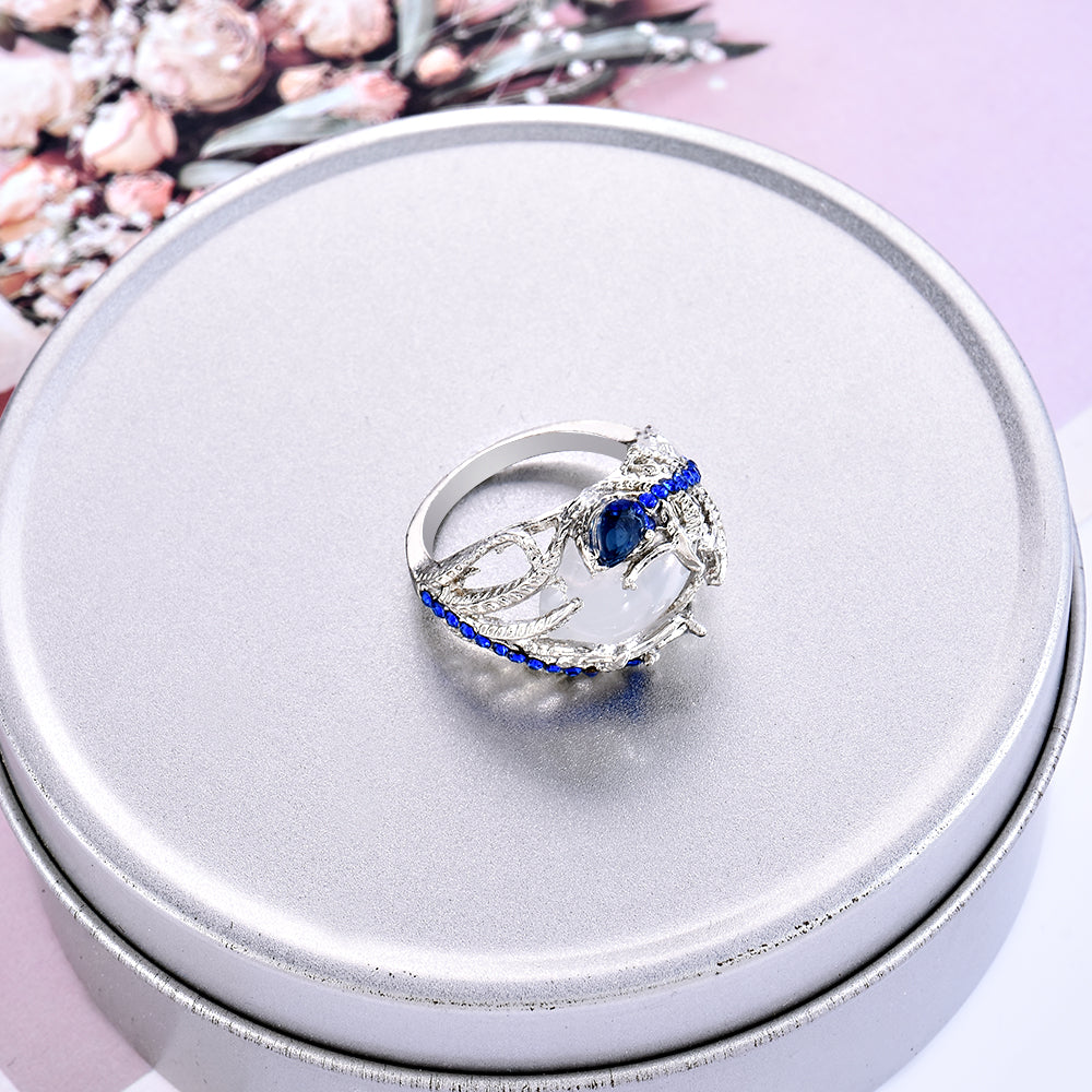 Blue Diamond Floral Moonstone Vintage Ring Jewelry