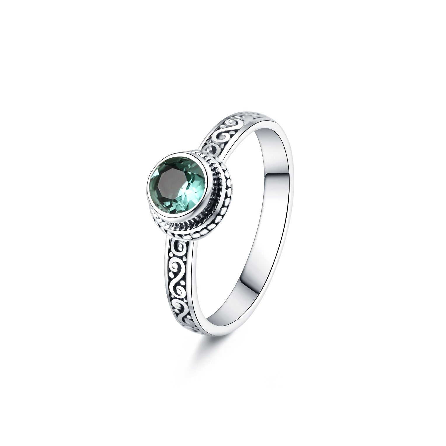 S925 Silver Vintage Ring with Round Green Crystal