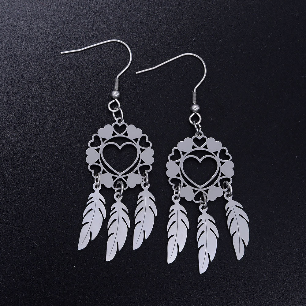Titanium Steel Dreamcatcher Earrings with Lotus Pendant