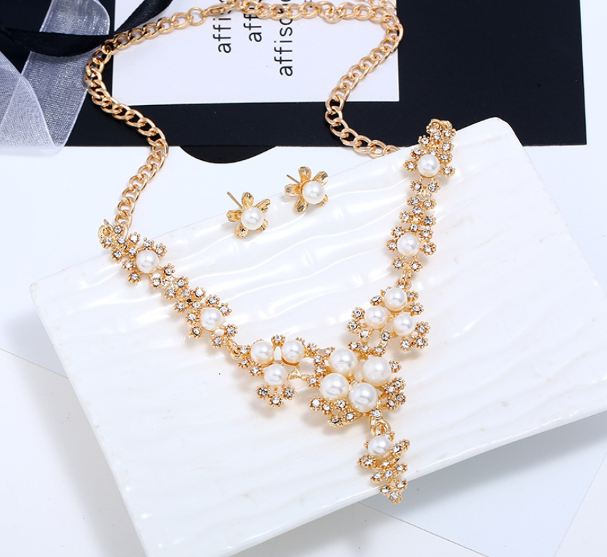 Pearl and Rhinestone Earring Necklace Set